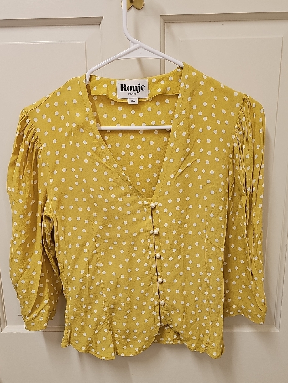 Rouje Yellow Polka Dot V-Neck Button Blouse